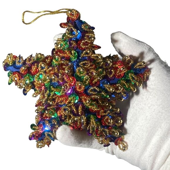 Handmade Sequin Beaded Christmas Tree Ornament 3D Star Multicolor 5 in - Picture 3 of 6